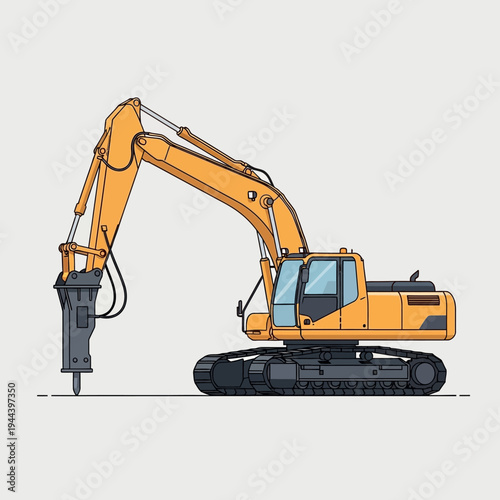 Yellow excavator with hydraulic breaker attachment on construction site