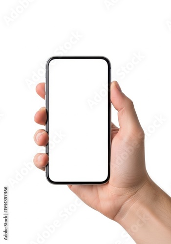 A hand holding a smartphone with a blank screen