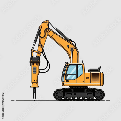 Yellow excavator with hydraulic breaker attachment on construction site