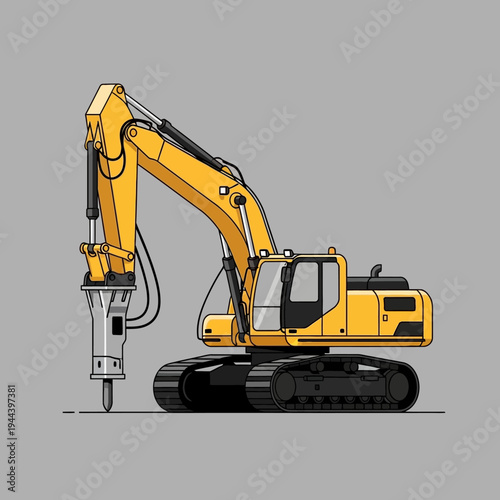 Yellow excavator with hydraulic breaker attachment on gray background