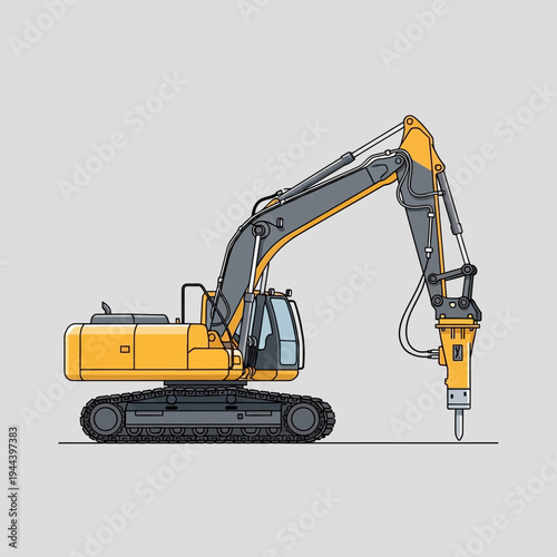 Yellow excavator with hydraulic breaker attachment for demolition and construction work