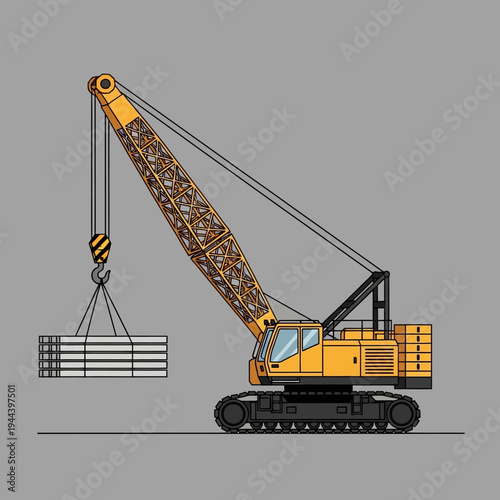 Yellow crawler crane lifting metal bars at construction site