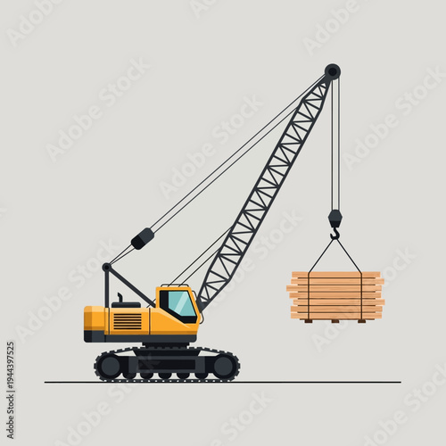 Yellow crawler crane lifting wooden planks on construction site, industrial equipment, heavy machinery