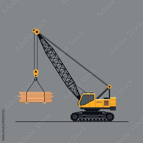 Yellow crawler crane lifting stack of lumber on construction site