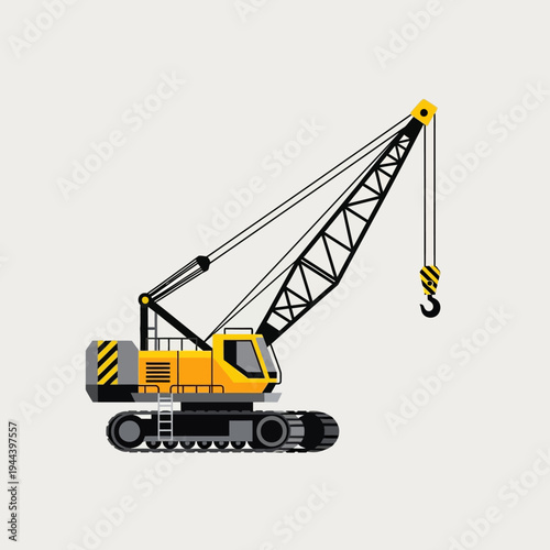 Yellow crawler crane with black boom and hook on a light gray background, construction equipment.