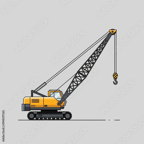 Yellow crawler crane with extended boom and hook on gray background