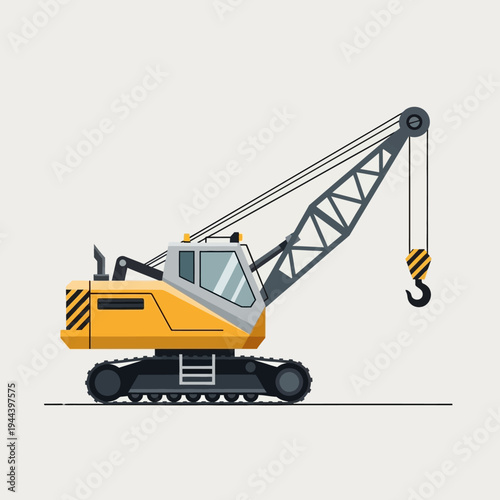 Yellow crawler crane with extended boom and hook on a light gray background