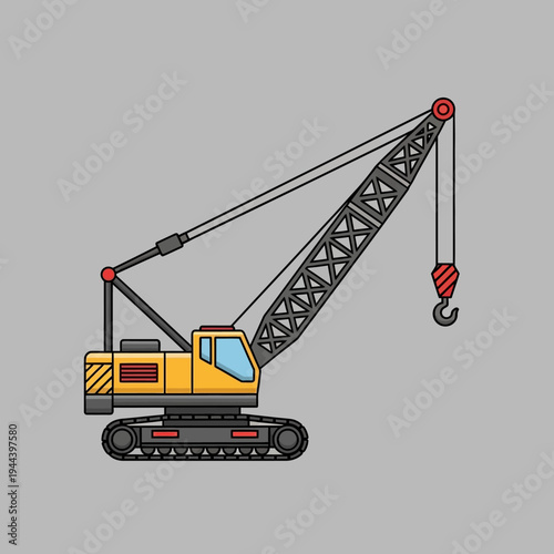 Yellow crawler crane with hook and boom on gray background, construction equipment illustration