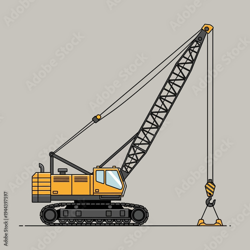 Yellow crawler crane with hook and boom on gray background, construction equipment