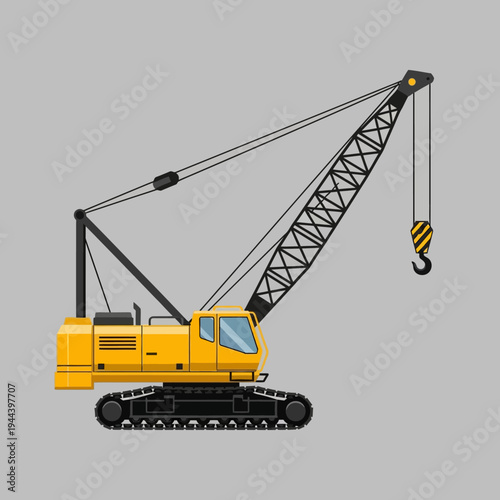 Yellow crawler crane with long boom and hook on gray background, construction equipment