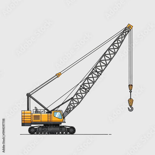 Yellow crawler crane with long boom and hook on gray background, construction equipment illustration