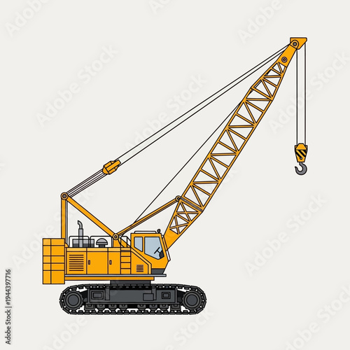 Yellow crawler crane with long boom and hook on a light background, construction equipment.