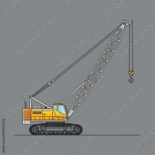 Yellow crawler crane with long boom and hook on gray background
