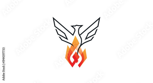 A modern minimalist phoenix logo design featuring a clean black line art bird rising from vibrant orange and red flames. This elegant vector illustration symbolizes rebirth, transformation.