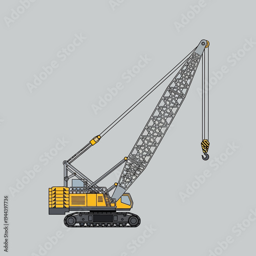 Yellow crawler crane with long boom and hook, construction equipment, industrial machinery