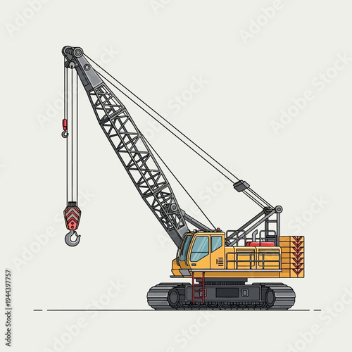 Yellow crawler crane with long boom and hook, construction equipment, industrial machinery