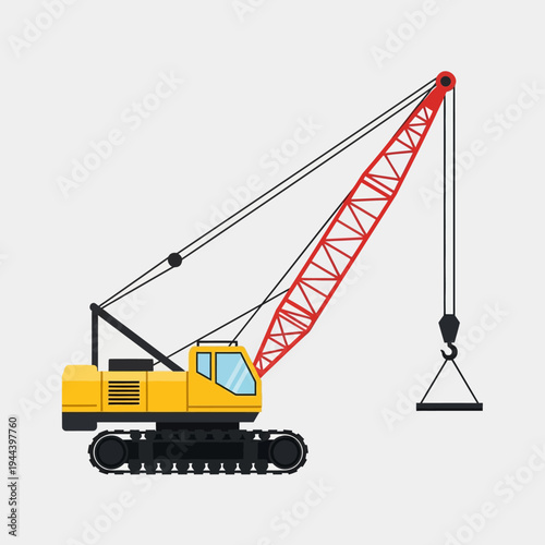 Yellow crawler crane with red boom lifting a triangular load on construction site
