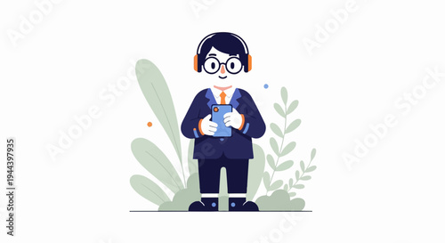 A person in a suit and headphones looks at their phone, surrounded by plants
