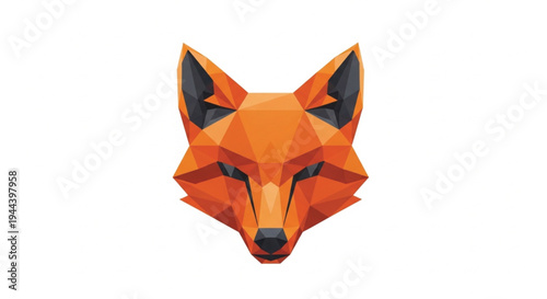 A modern low-poly fox head illustration featuring sharp geometric shapes in vibrant shades of orange, yellow, and black. This minimalist vector-style design showcases a fox's face from a front view.
