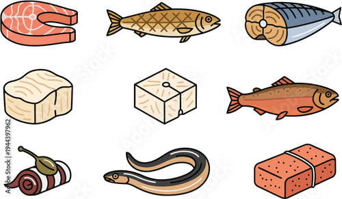 Assortment of raw fish and seafood products