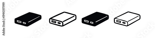 Portable Power Bank Icons Set. External Battery Charger Symbols for Mobile Devices.
