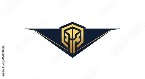 This sophisticated geometric emblem features a central gold hexagon with an abstract tech-inspired icon, flanked by sharp navy blue wings. The professional design combines a luxury gold and blue.