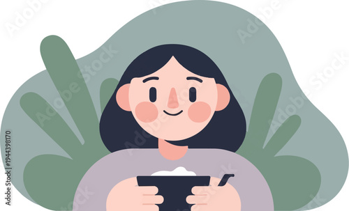 Cheerful character holds a bowl of fluffy food, surrounded by abstract green foliage