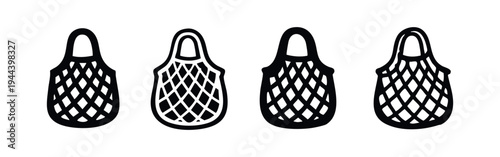 Reusable String Bag Icon Set, Eco-Friendly Mesh Shopping Bags in Hand Drawn Style