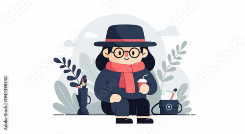 A person in a hat and scarf sits outdoors holding a drink with plants around