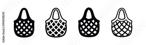 Eco-Friendly Mesh Shopping Bag Icon Set, Reusable String Tote Bags in Hand Drawn Style