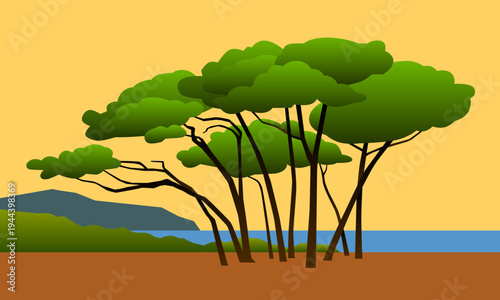 Minimalist vector illustration of Mediterranean pine trees on a coastal beach against a warm sunset sky.