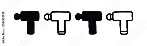 Percussion Massage Gun Icon Set, Fitness and Muscle Therapy Devices in Hand Drawn Style