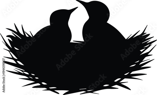 Minimalist black nest with two baby birds waiting for food silhouette vector icon