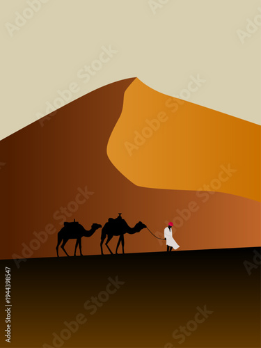 Minimalist flat art illustration of a desert caravan featuring silhouettes of a nomad and camels trekking across sand dunes under a clear sky.
