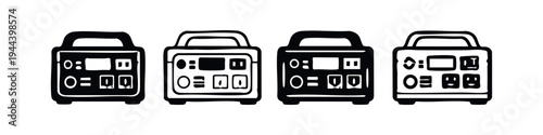 Portable Power Station Icon Set for Outdoor and Camping. Mobile Generator Device Vector Illustration for Off-Grid Energy.
