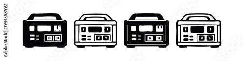 Outdoor Portable Power Station Icon Variations. Camping Battery Generator Vector Set for Emergency Power Supply.