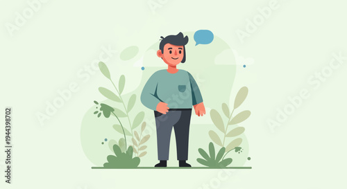 Cheerful person in casual attire stands amidst stylized flora, a speech bubble above