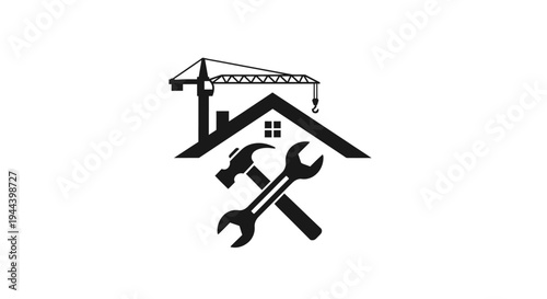 Black and white logo featuring a house roof, construction crane, hammer, and wrench, symbolizing building, repair, and maintenance services.