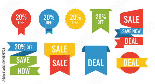Collection of colorful discount, sale, and save now price tags and labels, perfect for retail promotions and marketing campaigns, isolated white background.