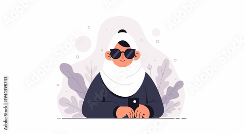 A person in a headscarf and sunglasses smiles with hands clasped