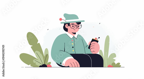 A person in a green hat and jacket holding a device, seated amidst lush green foliage