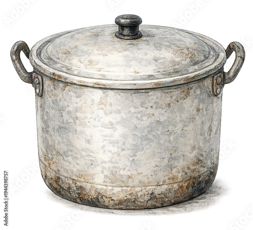 Vintage enamel cooking pot watercolor illustration isolated on transparent background