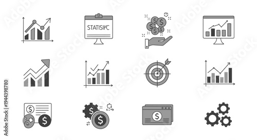 Collection of Black and White Business and Finance Icons for Analytics and Strategy on an Isolated White Background