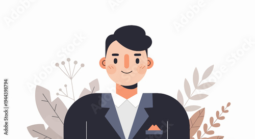 Cheerful young man in a dark suit with plants and flowers