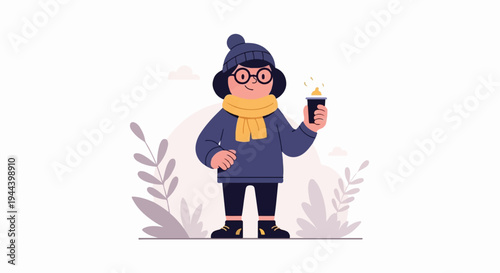 Person in winter clothes holding a hot beverage with steam rising, surrounded by soft plant graphics