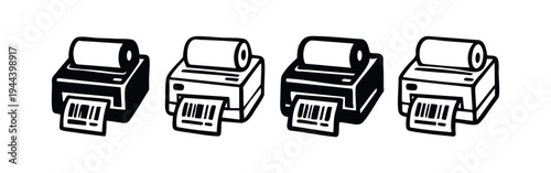 Hand drawn receipt printer icon set. Sketch style thermal printer symbols for retail transactions and invoices.