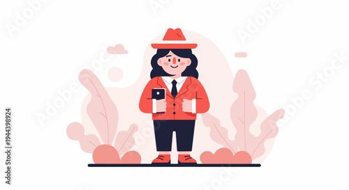 A flat illustration of a person in a red suit, tie, hat, and holding a phone