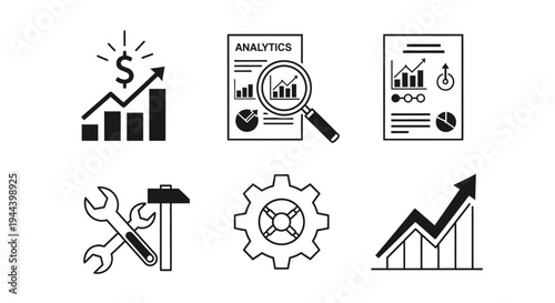 Collection of Black Business, Analytics, and Engineering Service Icons on an Isolated White Background