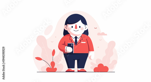 A cartoon person in a red suit and tie holds a phone, surrounded by pink plants