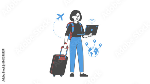 Digital Nomad Remote Worker Traveling Globally With Laptop Flat Art